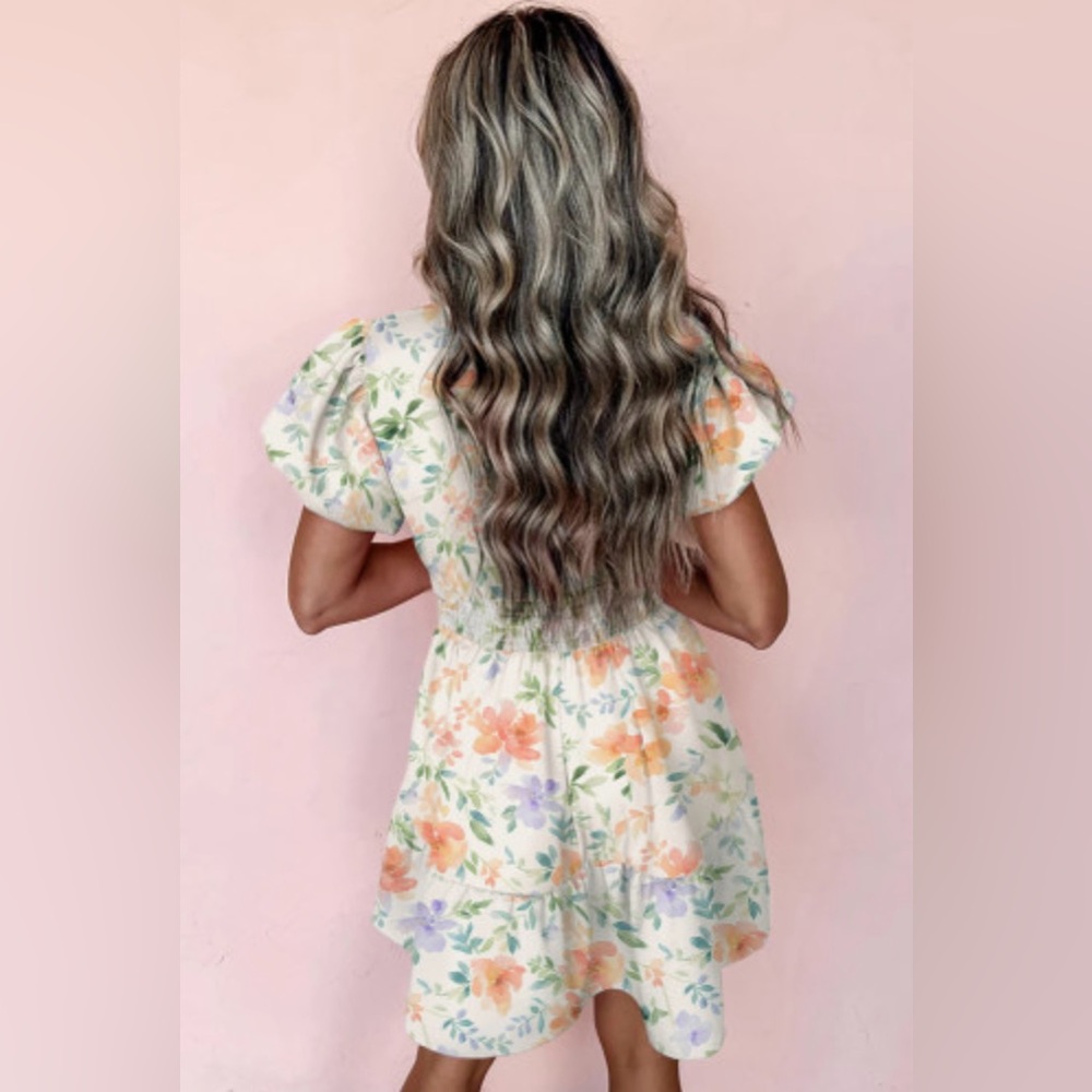 Beige Floral Print Shirred High Waist Puff Sleeve Mini Dress - Picture 6 of 9